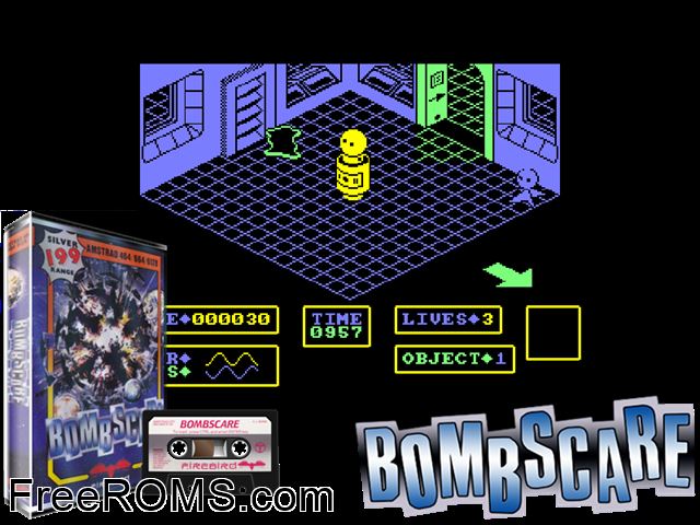 Bomb Scare (UK) (1986) [a1] Amstrad CPC game showing 3D box cover and gameplay screenshot